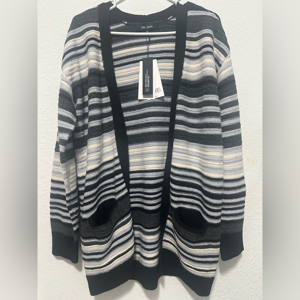 Chloe + Jasmine Striped Black and Gray Women's Cardigan Sweater size M
